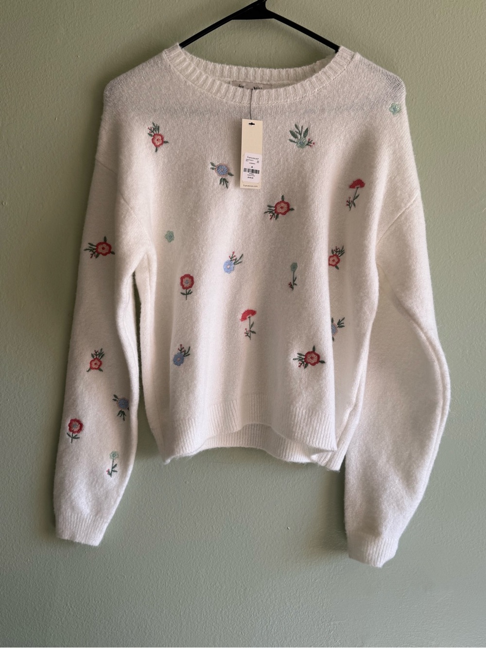 Francesca's Collections Cream Crewneck Sweater with Floral Embroidery
